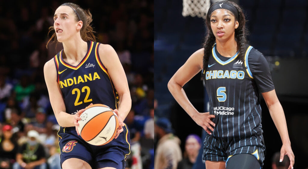 Photo of Caitlin Clark holding basketball and photo of Angel Reese with a hand on her hip