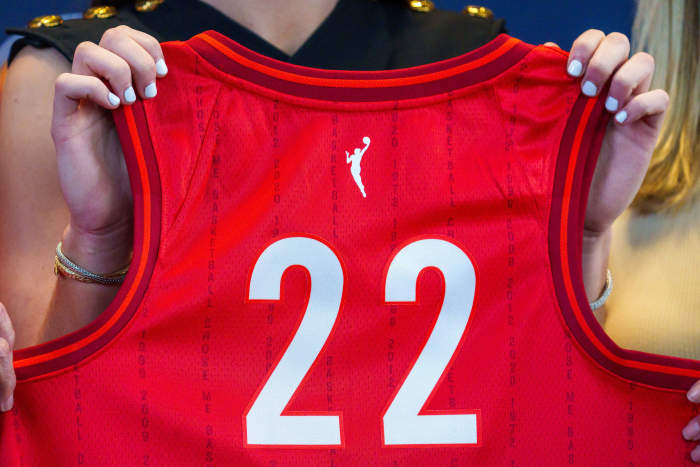 April 17, 2024; Indianapolis, IN, USA; Indiana Fever player Caitlin Clark, former Iowa Hawkeye standout and the no. 1 pick in the 2024 WNBA draft, speaks Wednesday, April 17, 2024, during an introductory press conference inside the entry pavilion at Gainbridge Fieldhouse. Mandatory Credit: Mykal McEldowney-USA TODAY NETWORK