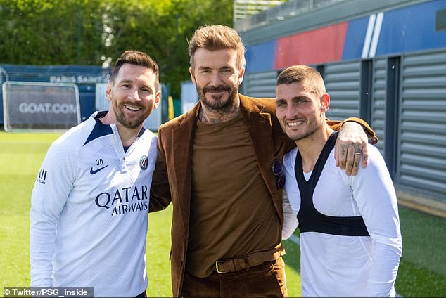 Beckham posed happily with Lionel Messi (left) and former team-mate Marco Verratti (right)