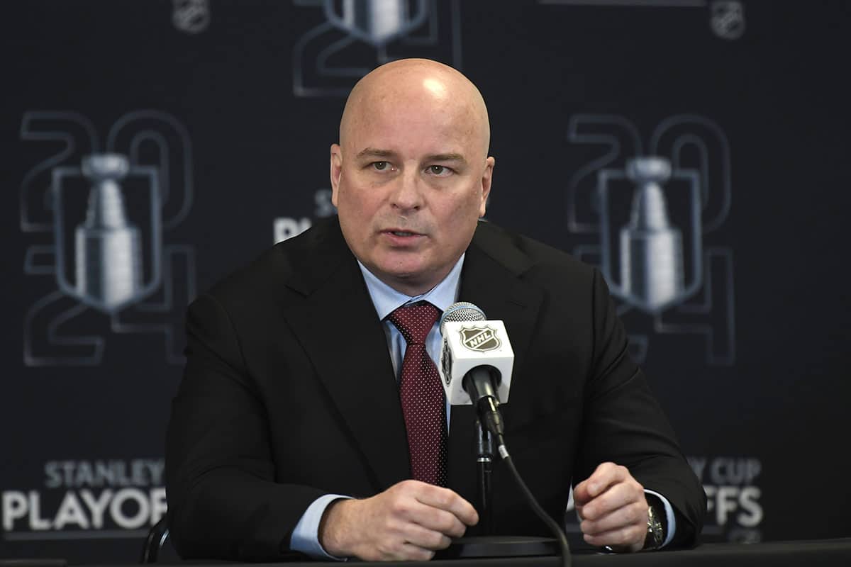 Boston Bruins coach Jim Montegomery speaks to the media after an overtime loss in game five of the first round of the 2024 Stanley Cup Playoffs against the Toronto Maple Leafs at TD Garden.