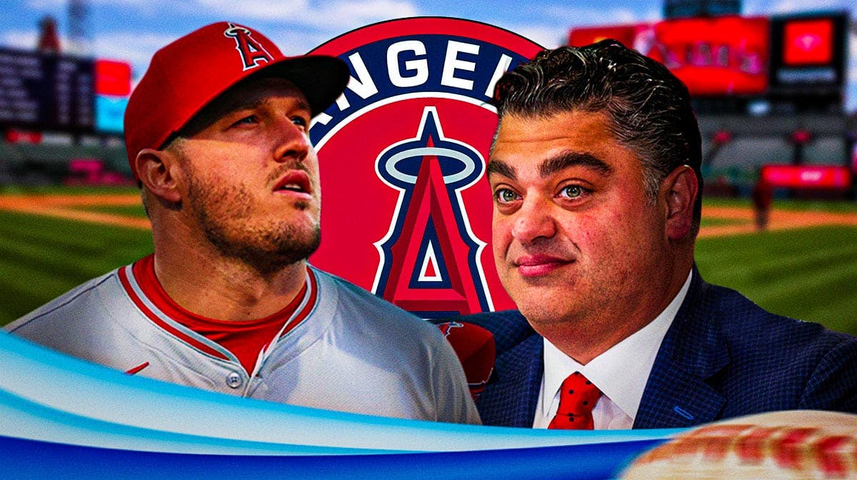 Mike Trout and Perry Minasian next to an Angels logo