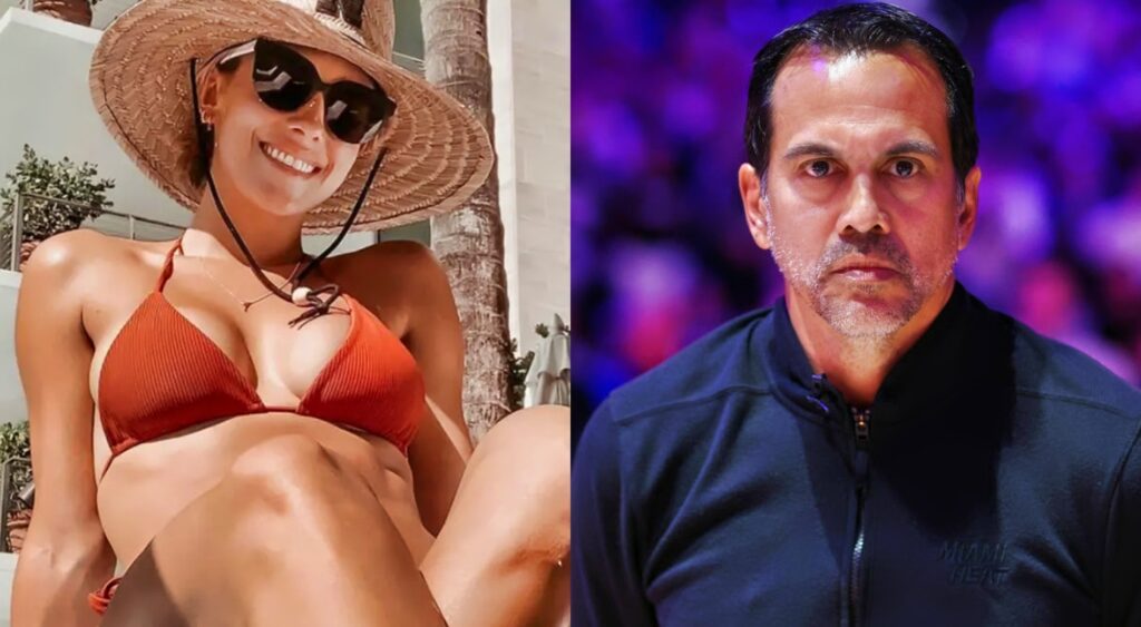 Erik Spoelstra on court. Nikki Spoelstra posing in bikini