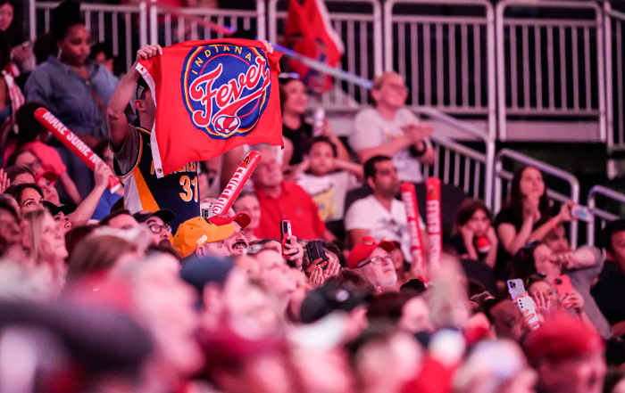 Indiana Fever fans celebrate the No. 1 overall pick of Caitlin Clark, during Indiana Fever draft party on Monday, April 15, 2024, at Gainbridge Fieldhouse in Indianapolis. 