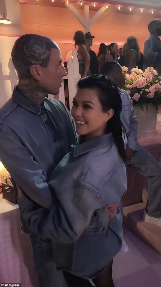 Kourtney Kardashian, 45, and husband Travis Barker, 48, joined the fun wearing coordinated denim looks. She wore a long button down shirt as a dress with black stockings, and seemed to debut a new hair cut which was styled in a sort of mullet with the hair shaved on the sides