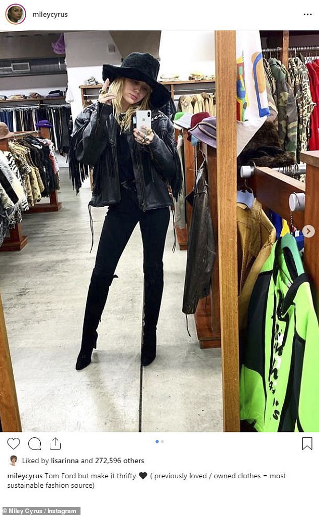 'Tom Ford but make it thrifty': Earlier in the day the Party In The USA hitmaker shared a few snaps while doing some shopping at a high-end thrift store