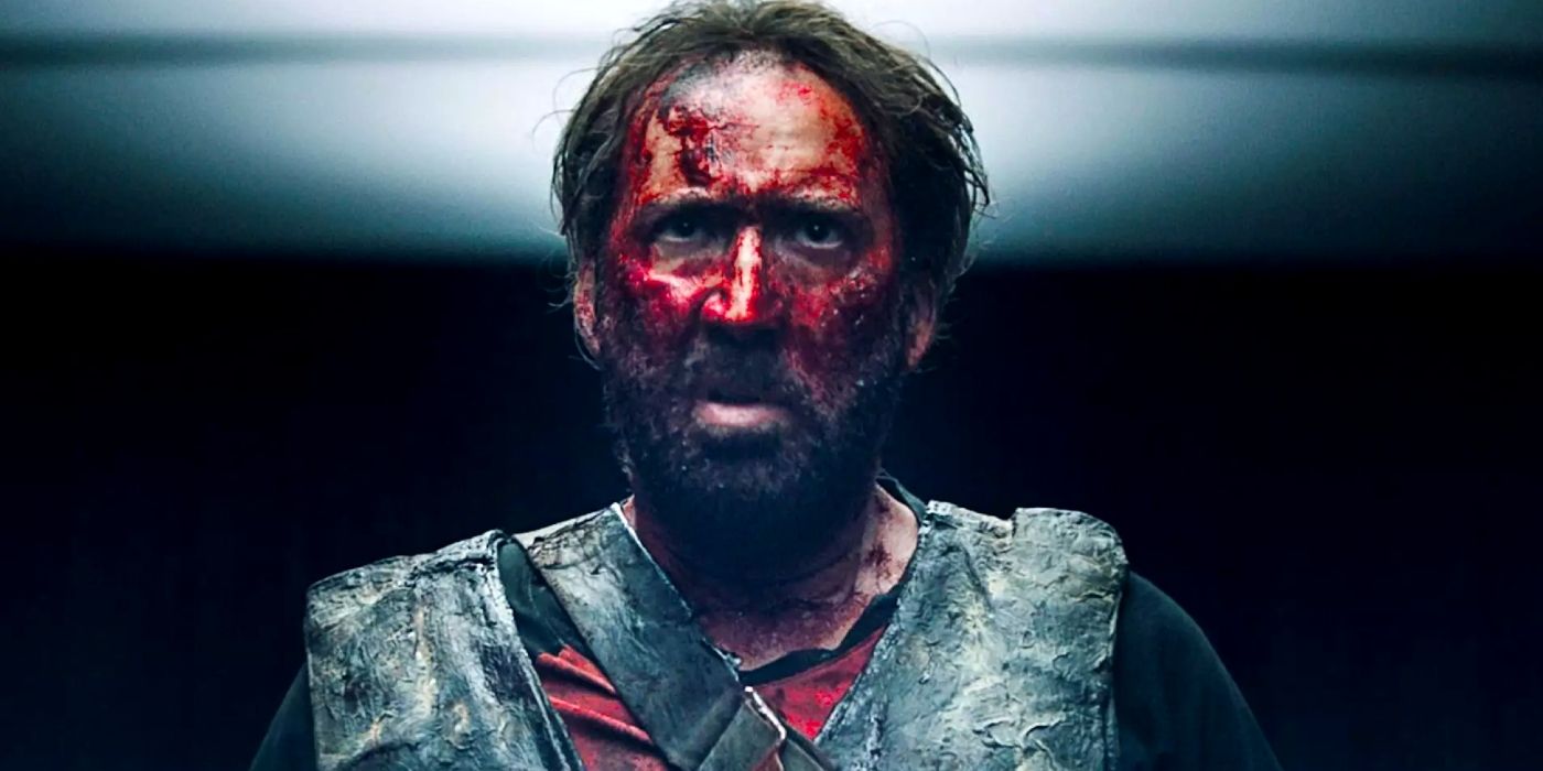 Red Miller covered in blood and viscera while inside a cultist's compound in Mandy