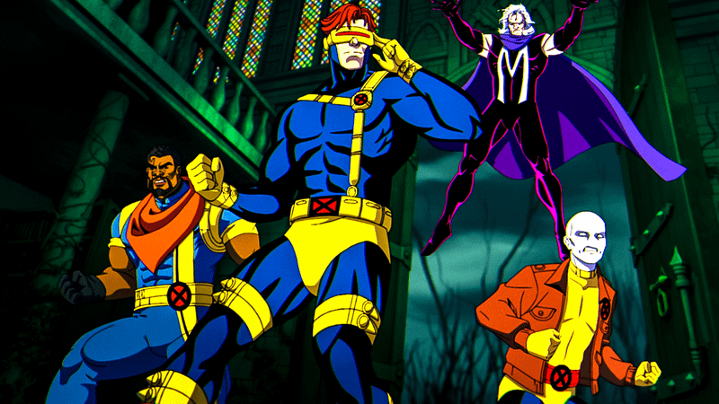 A still from X-Men: '97 showing Bishop, Cyclops, Magneto, and Morph