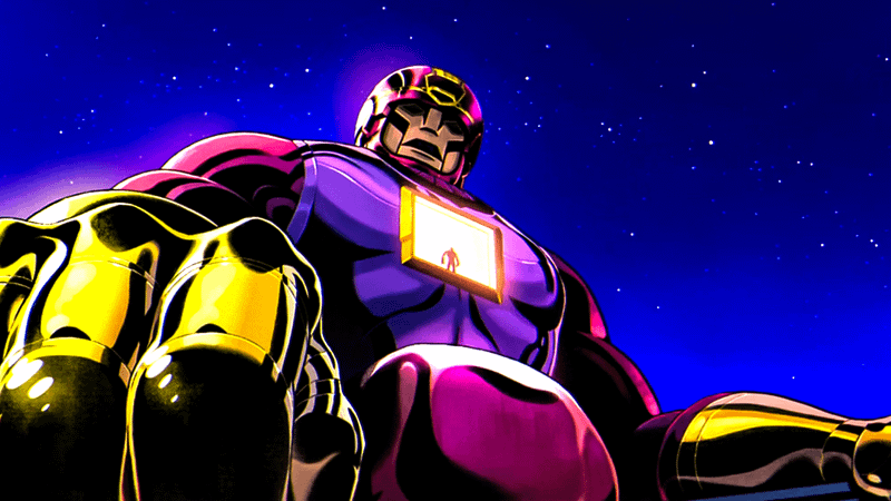 A still from X-Men: '97, showing a Sentinel at night