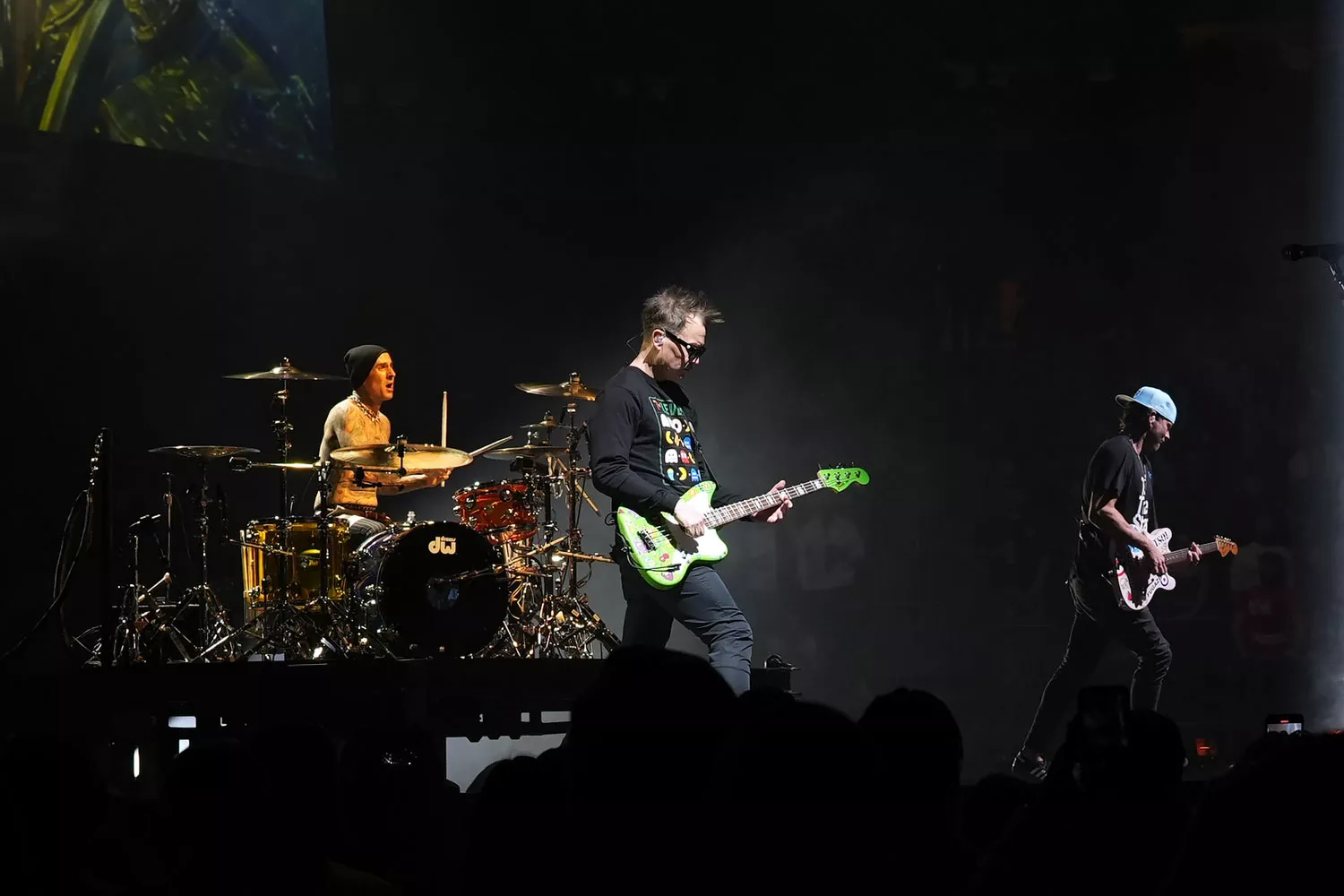 Travis Barker, Mark Hoppus and Tom DeLonge of Blink-182 perform onstage at Madison Square Garden on May 19, 2023