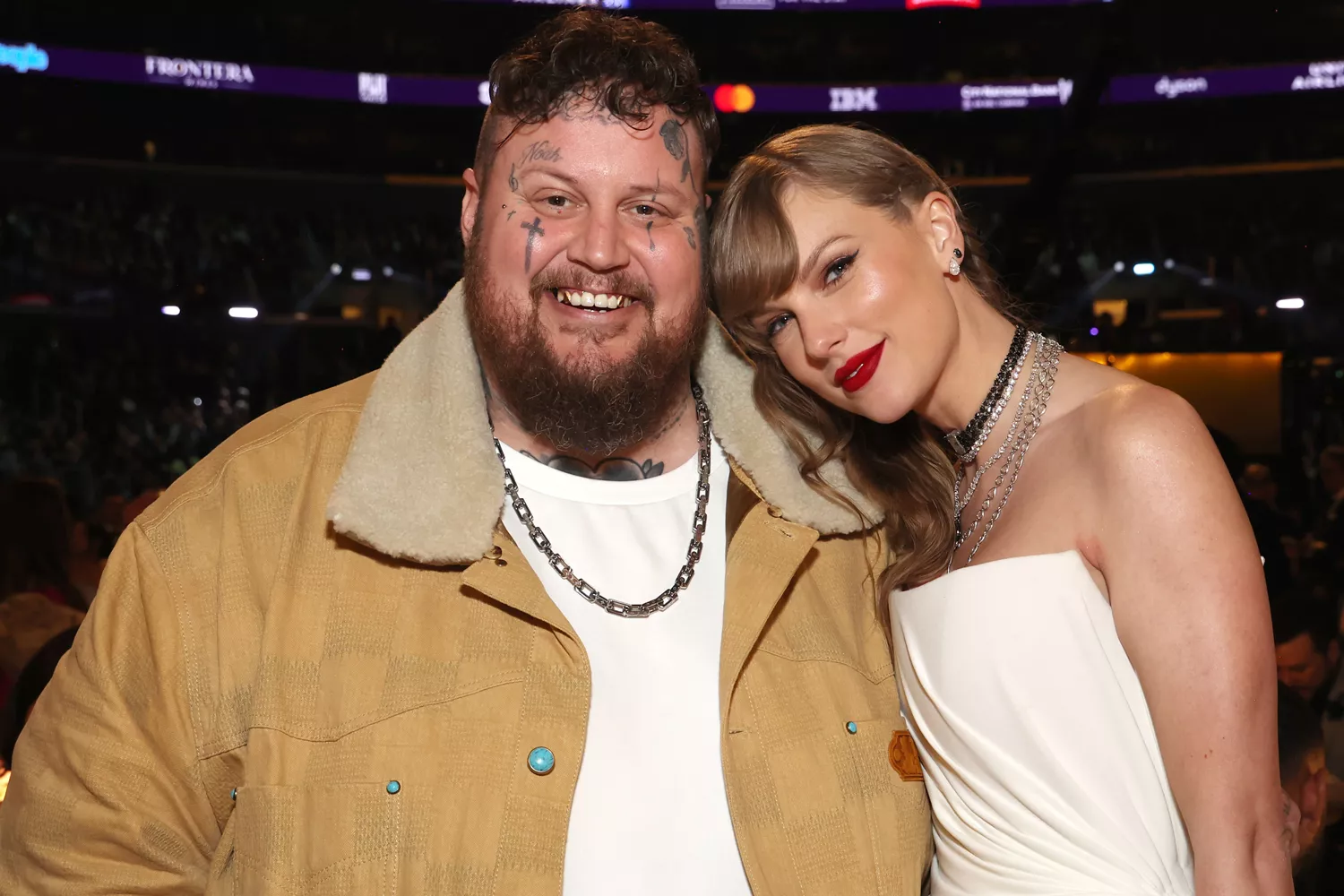 Jelly Roll and Taylor Swift attend the 66th GRAMMY Awards at Crypto.com Arena on February 04, 2024 in Los Angeles, California.