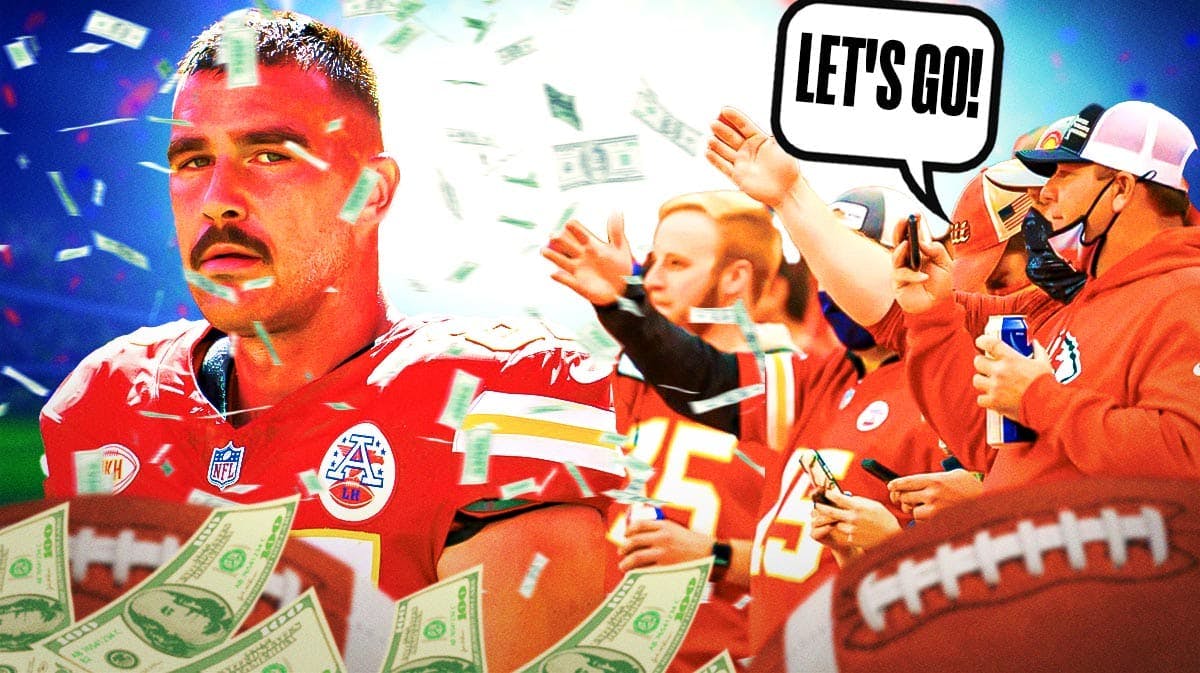 Travis Kelce on one side with bags of money around him, a bunch of Kansas City Chiefs fans on the other side with a speech bubble that says "Let's go!"