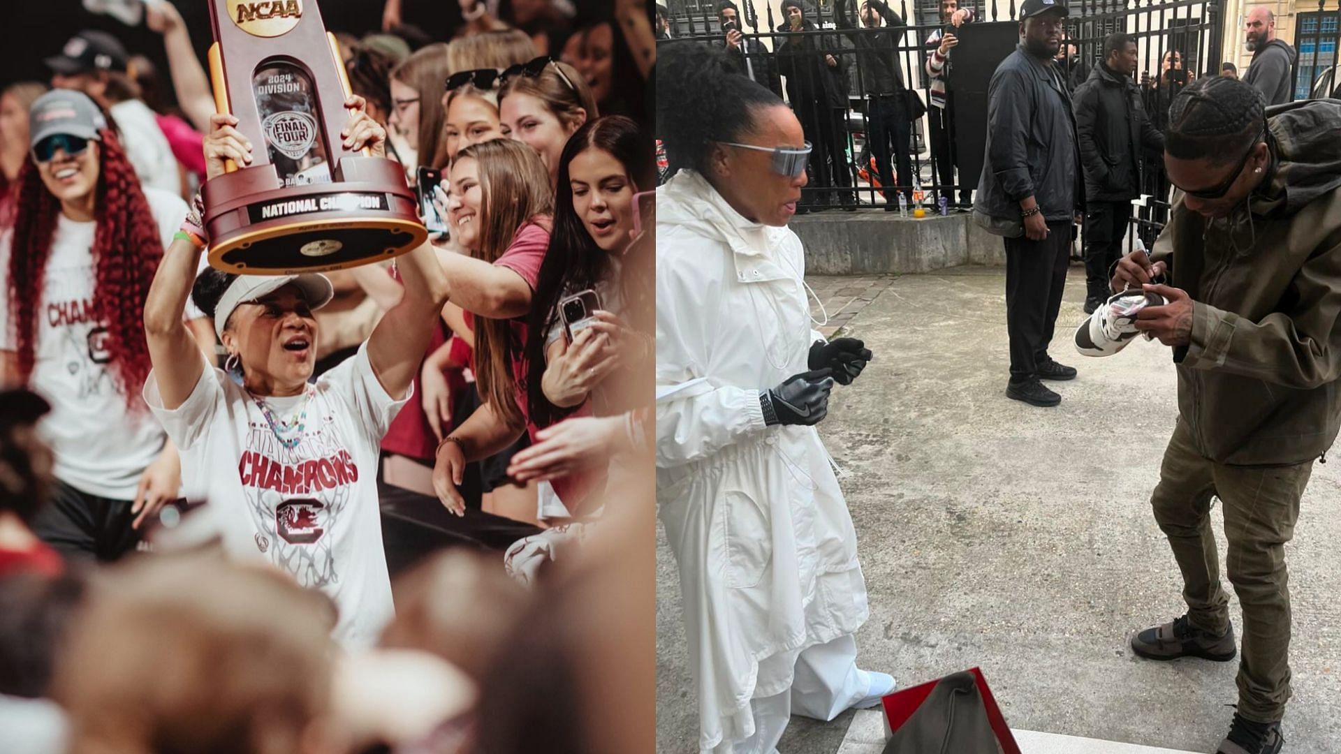 South Carolina coach Dawn Staley and musician Travis Scott