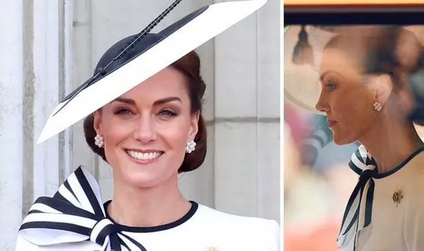 Princess Kate smiling on the left in white hat and white dress with black and white bow and in same outfit on the right looking more pensive