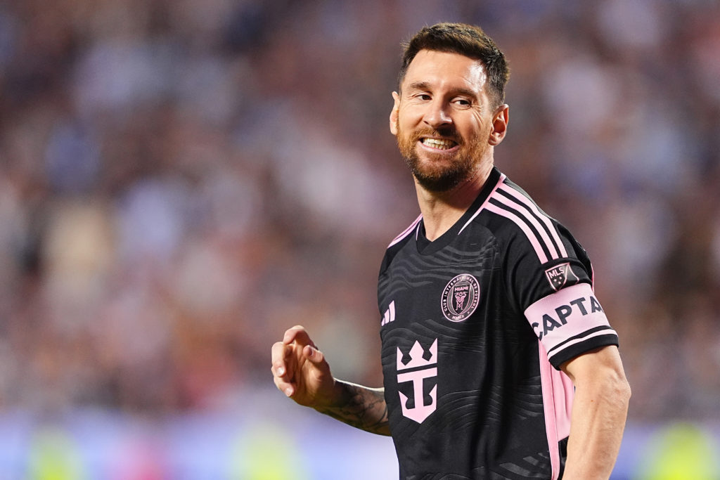 Lionel Messi #10 of Inter Miami reacts during the first half of a Major League Soccer game against the Sporting Kansas City at Arrowhead Stadium on...