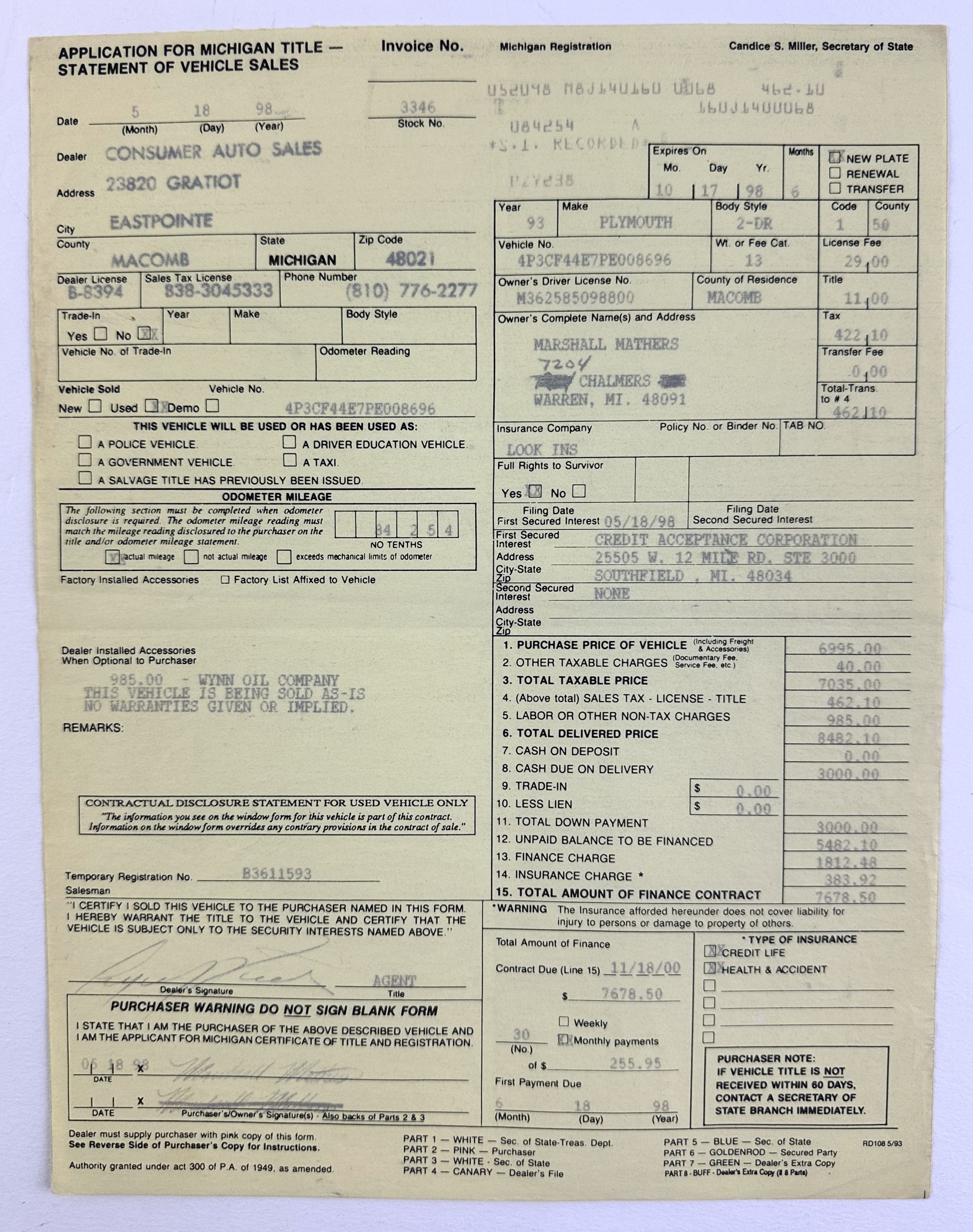 The Amazing Music Auction Is Selling Eminem-Signed 1998 Car Purchase Documents