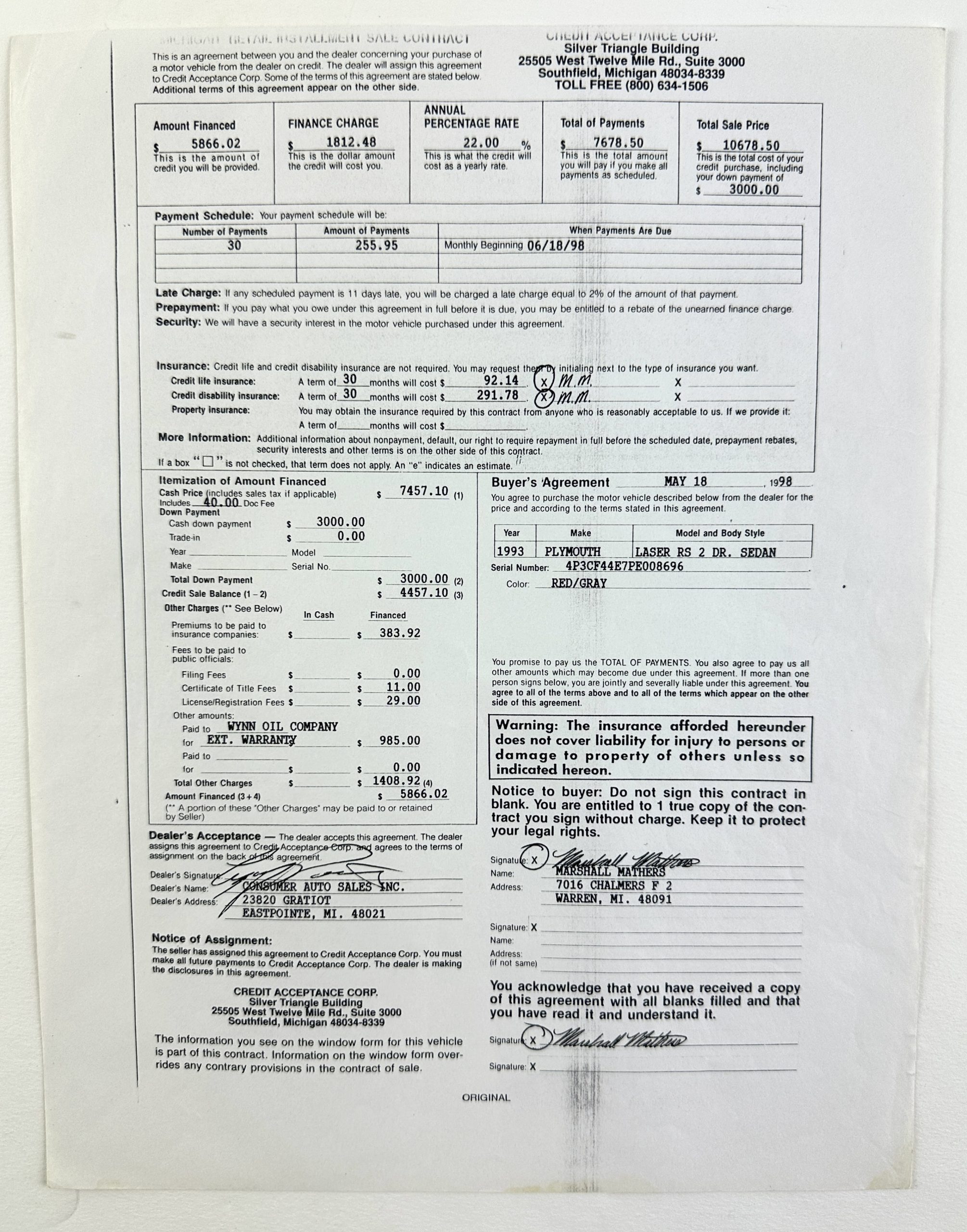 The Amazing Music Auction Is Selling Eminem-Signed 1998 Car Purchase Documents