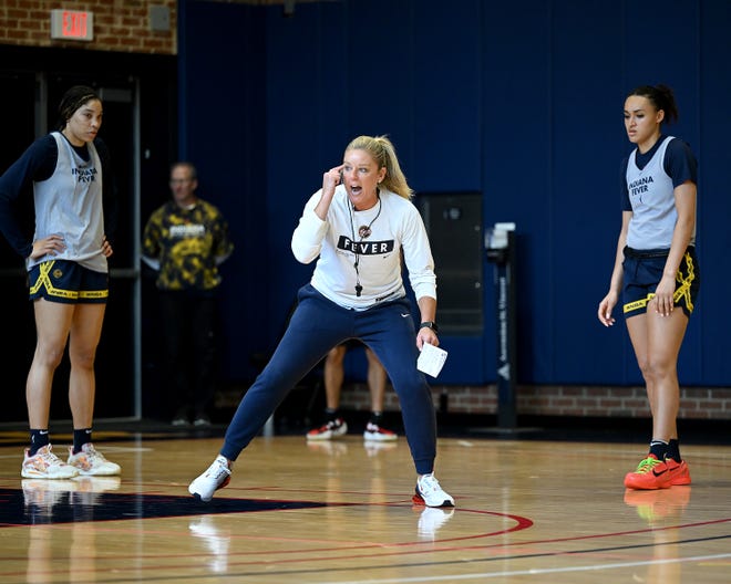 Indiana Fever coach Christie Sides shouts instructions during training camp practice, April 29, 2024.