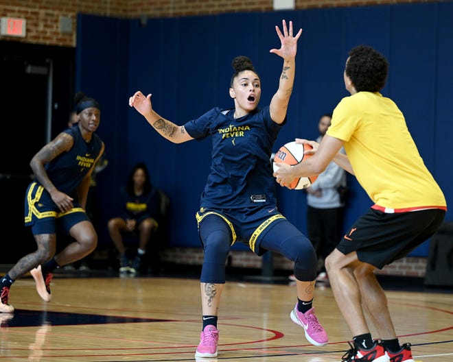 Indiana Fever rookie Leilani Correa defends during a drill in training camp, April 29, 2024.