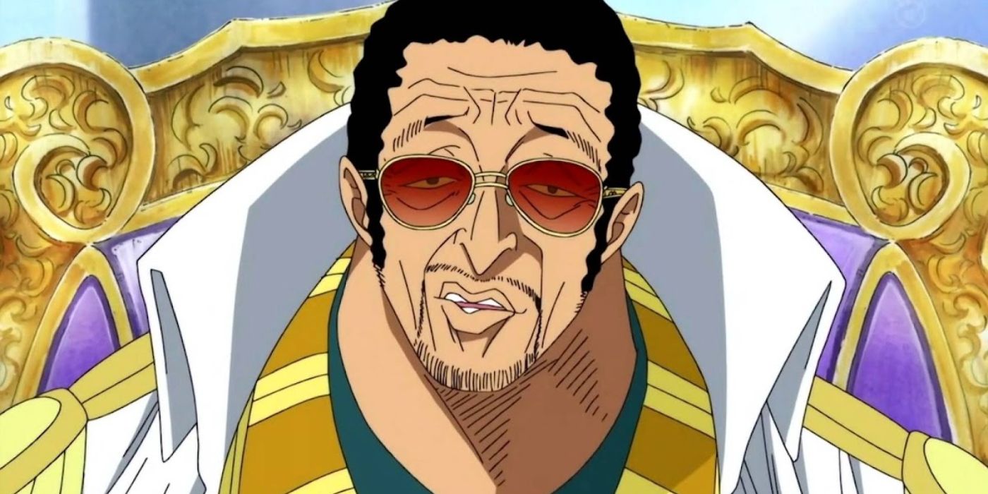 Marine Admiral Kizaru sitting on a gold chair in One Piece's Marineford Arc.