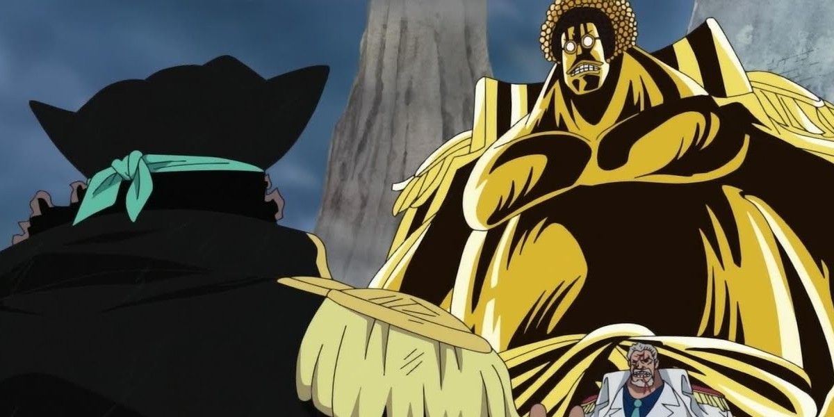 Blackbeard squaring off against Vice Admiral Monkey D. Garp and Fleet Admiral Sengoku