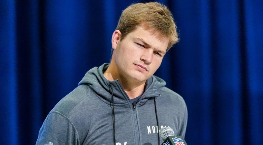 New England Patriots quarterback Drake Maye squinting