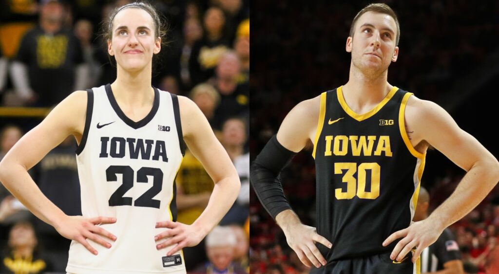 Caitlin Clark in Iowa jersey. Connor Mccaffery in Iowa jersey.