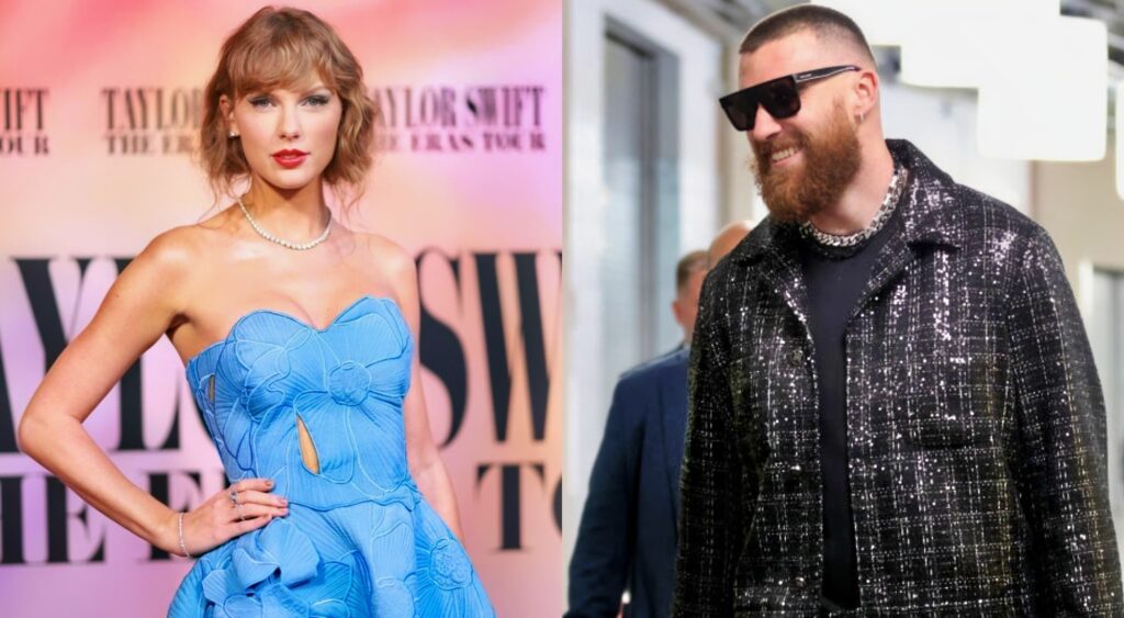 Travis Kelce in suit. taylor swift posing in dress