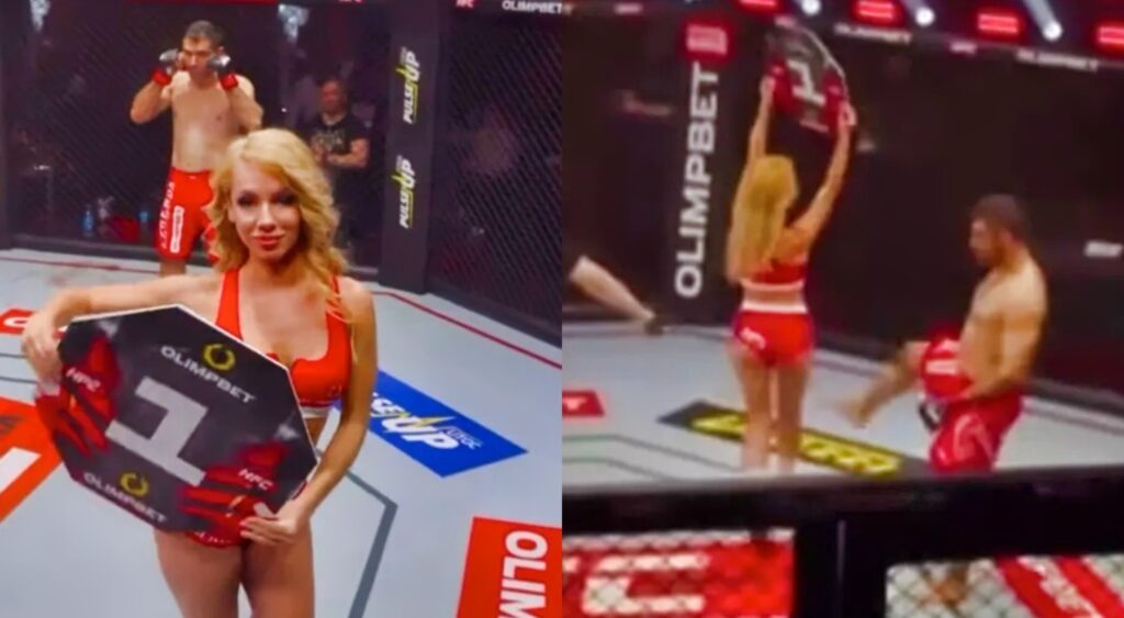 Ali Heibati and ring card girl Maria in MMA octagon