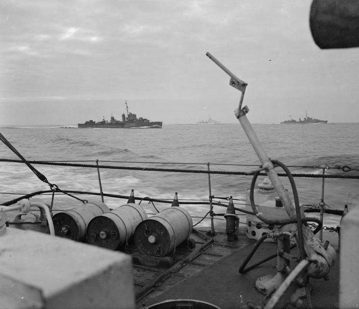 Depth charges on the deck of HMS Bedouin.