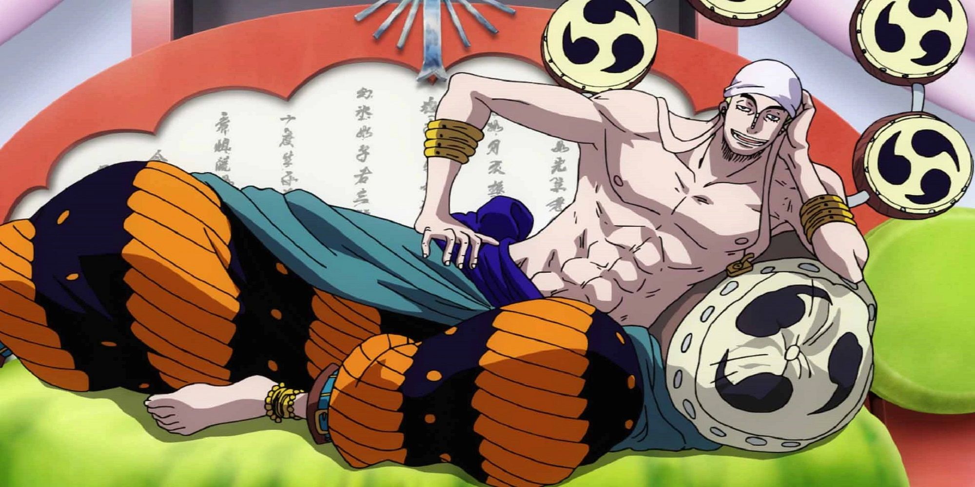 One Piece God Enel lounging against colorful backdrop