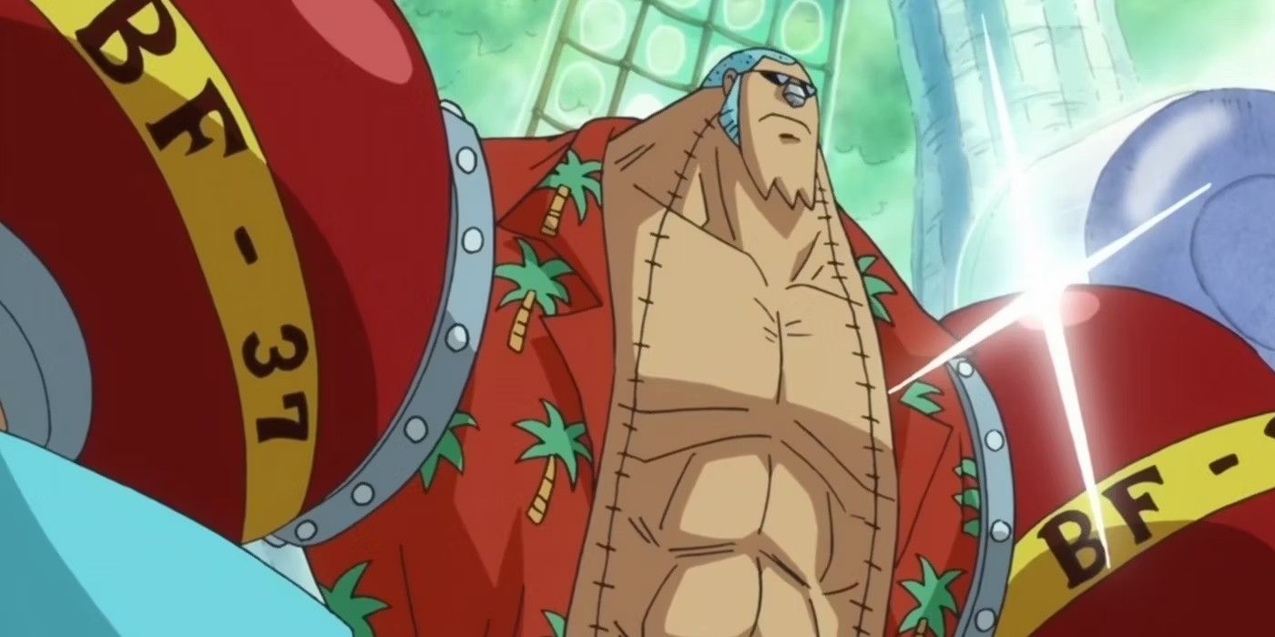 Franky showing off his post-timeskip cyborg body in One Piece