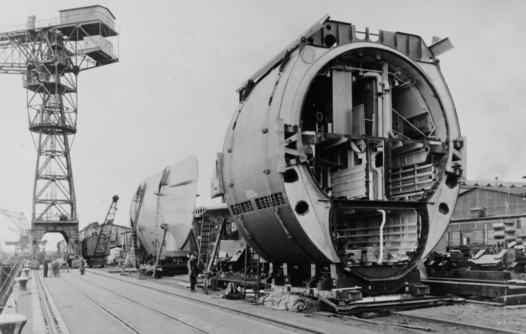 Complete sections (pressure hull with outer skin) of submarine type XXI. Section 8th in the background and probably 7th in the front. Wilhelm Bauer - U-2540