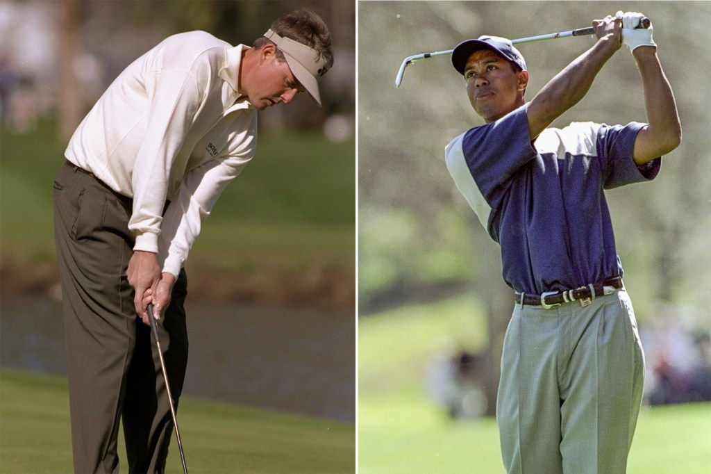 A friendly wager over $500 during a practice round before the Nissan Open in 1998 (above) left Mickelson happy while Woods seethed.