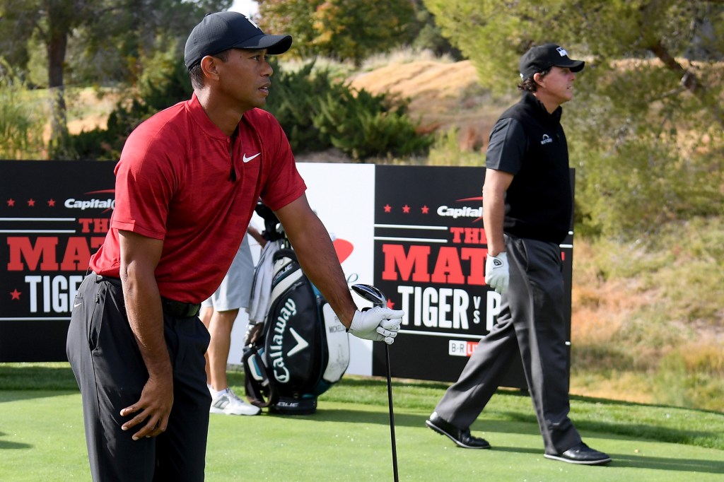 Woods and Mickelson play a practice round before "The Match" at Shadow Creek Golf Course in 2018.