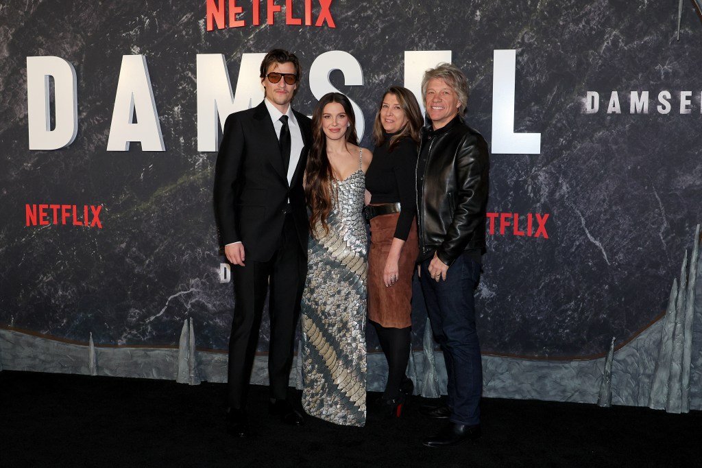 Jon Bon Jovi and Dorothea Hurley with their son and Millie Bobby Brown.