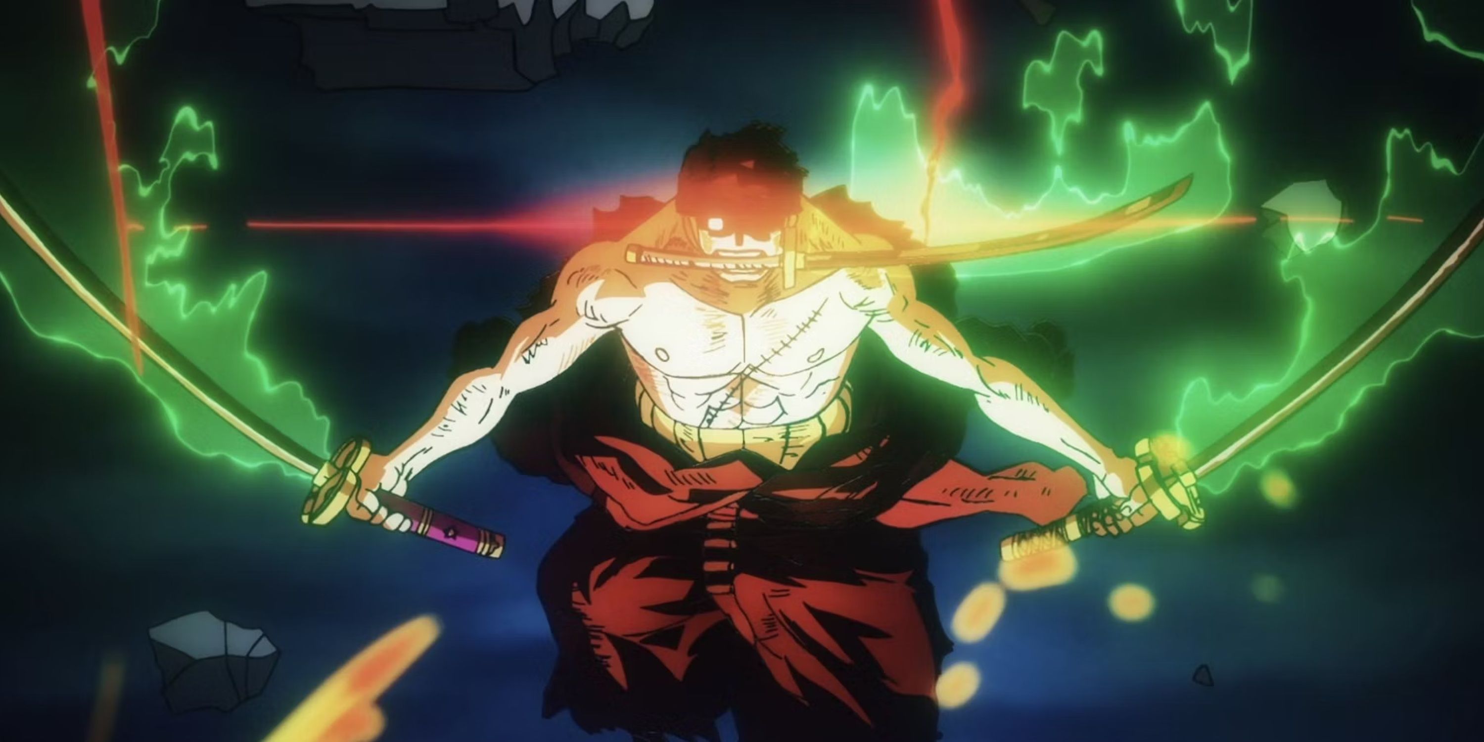 Roronoa Zoro using Conqueror's Haki in his fight against King in One Piece's Raid on Onigashima