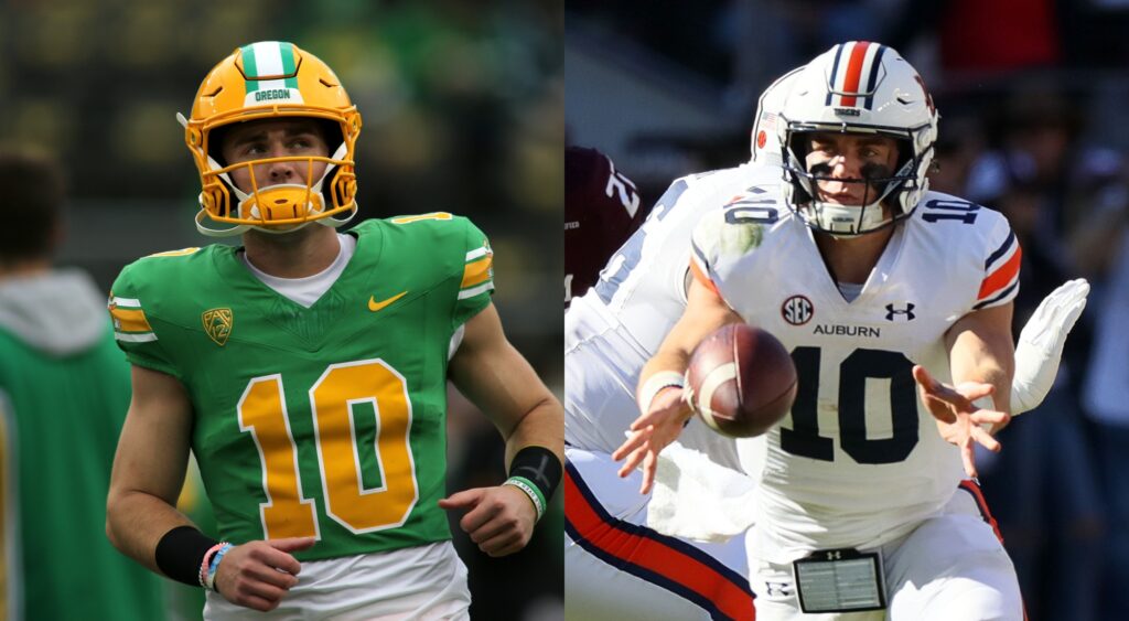 Broncos QB Bo Nix wearing number 10 at Oregon and Auburn