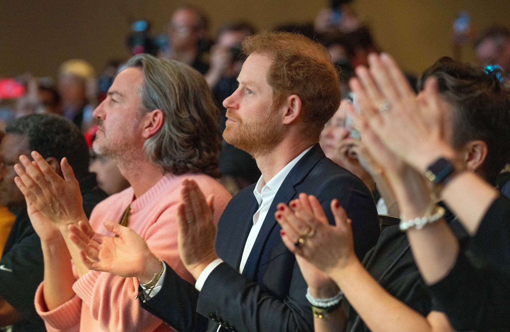 The Duke cheered his wife on in the front row alongside Soho House boss Markus Anderson, considered the 'second most important man in Meghan's life'