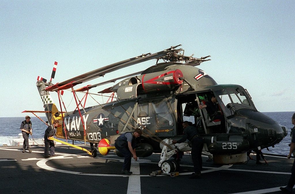 An anti-submarine Kaman SH-2F Seasprite helicopter on board USS John Hancock in 1986. 