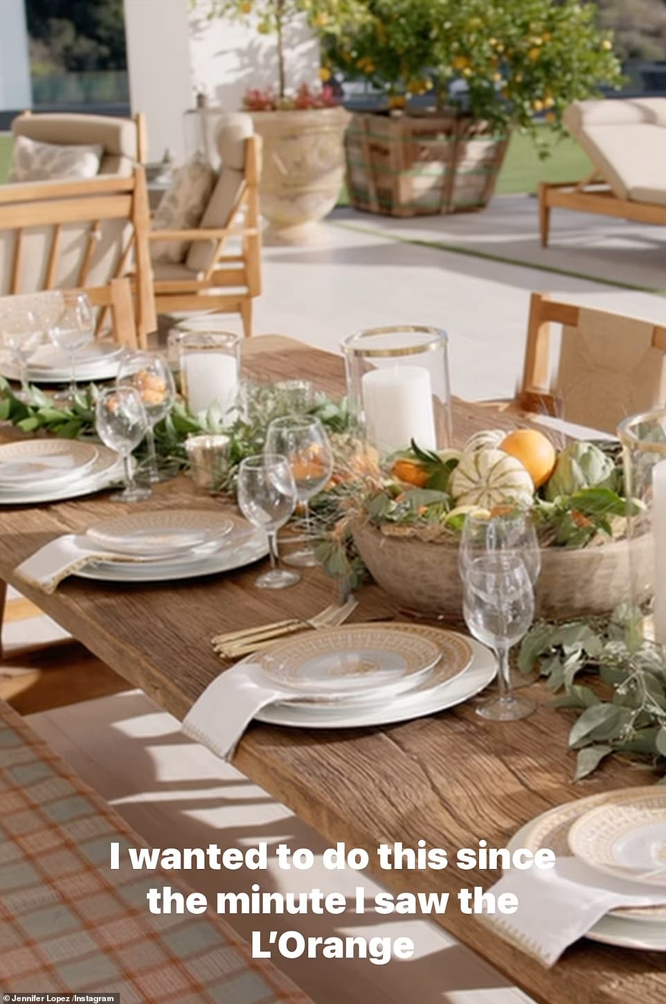 Al fresco: On Thursday the Maid In Manhattan movie star presented her Thanksgiving table which was impressive; in the background is a potted lemon tree