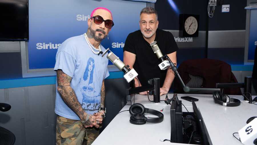 (L-R): AJ McLean and Joey Fatone visit the SiriusXM Studios on March 04, 2024 in New York City. (Photo by Noam Galai/Getty Images)