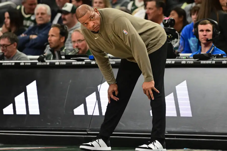 Apr 10, 2024; Milwaukee, Wisconsin, USA; Milwaukee Bucks head coach Doc Rivers looks on in the second quarter against the Orlando Magic at Fiserv Forum. Mandatory Credit: Benny Sieu-USA TODAY Sports