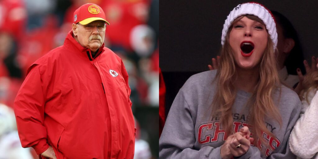 Andy Reid in red coat. Taylor Swift cheering