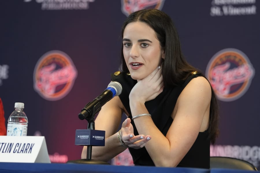 Indiana Fever's Caitlin Clark speaks during a WNBA basketball news conference, Wednesday, April 17, 2024, in Indianapolis.