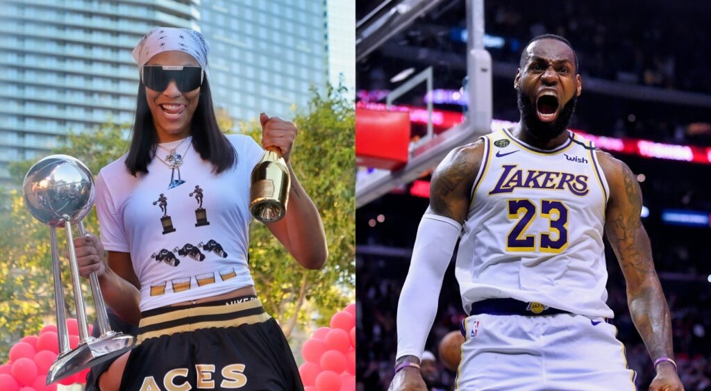 Photo of A'Ja Wilson celebrating championsip win and photo of LeBron James screaming