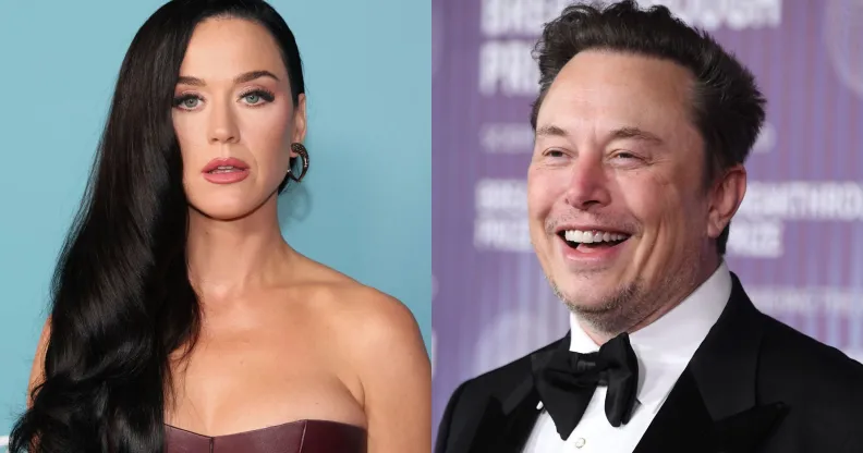 Katy Perry on the left in a red, low cut dress and dark hair swept to one side. On the right, ELon Musk in a suit and bow tie laughing.