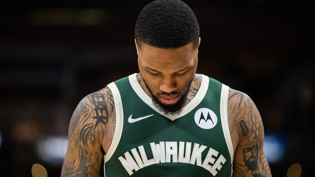 Milwaukee Bucks guard Damian Lillard (0) during game three of the first round for the 2024 NBA playoffs against the Indiana Pacers at Gainbridge Fieldhouse