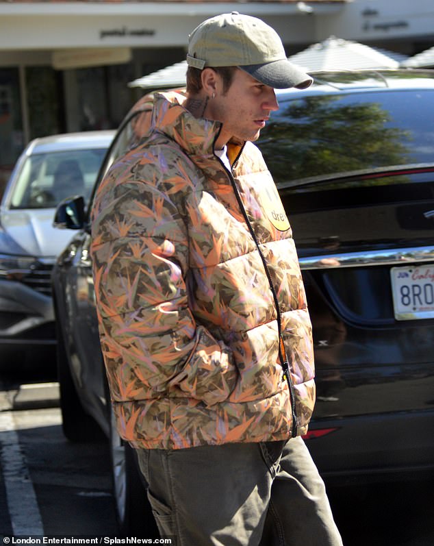 Justin Bieber rocks a patterned puffy jacket from his clothing company Drew  while stepping out | Daily Mail Online