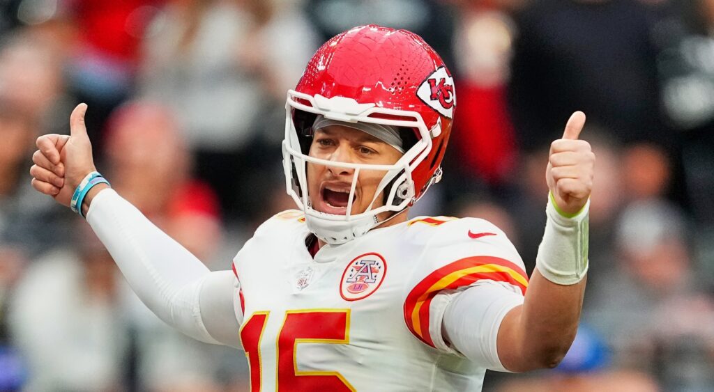 Patrick Mahomes of Kansas City Chiefs reacts during game.