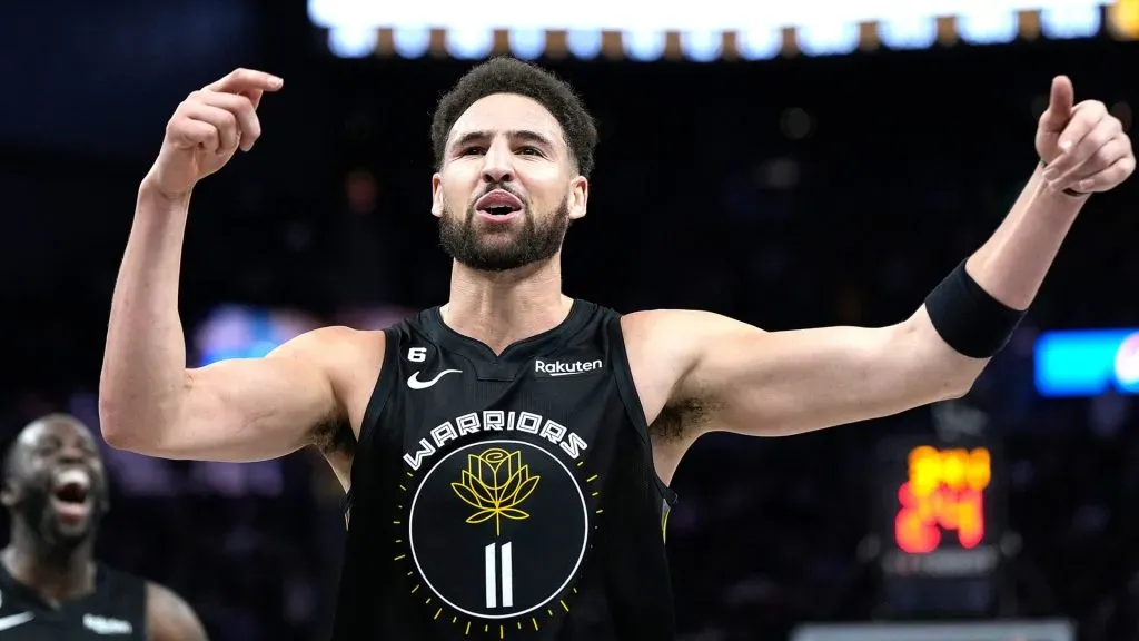 Klay Thompson celebrates during a game.